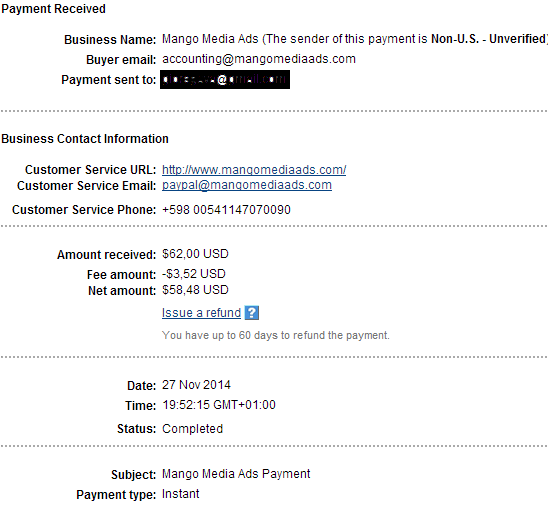 MangoMediaAds Proof of payment